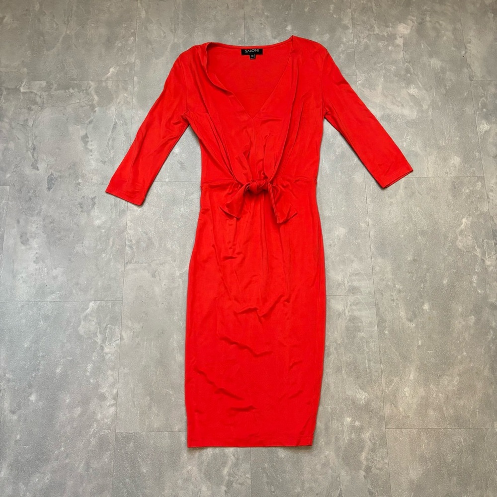 SALONI Midi Tie Waist Fitted 3/4 Sleeve Dress Cocktail Size 4